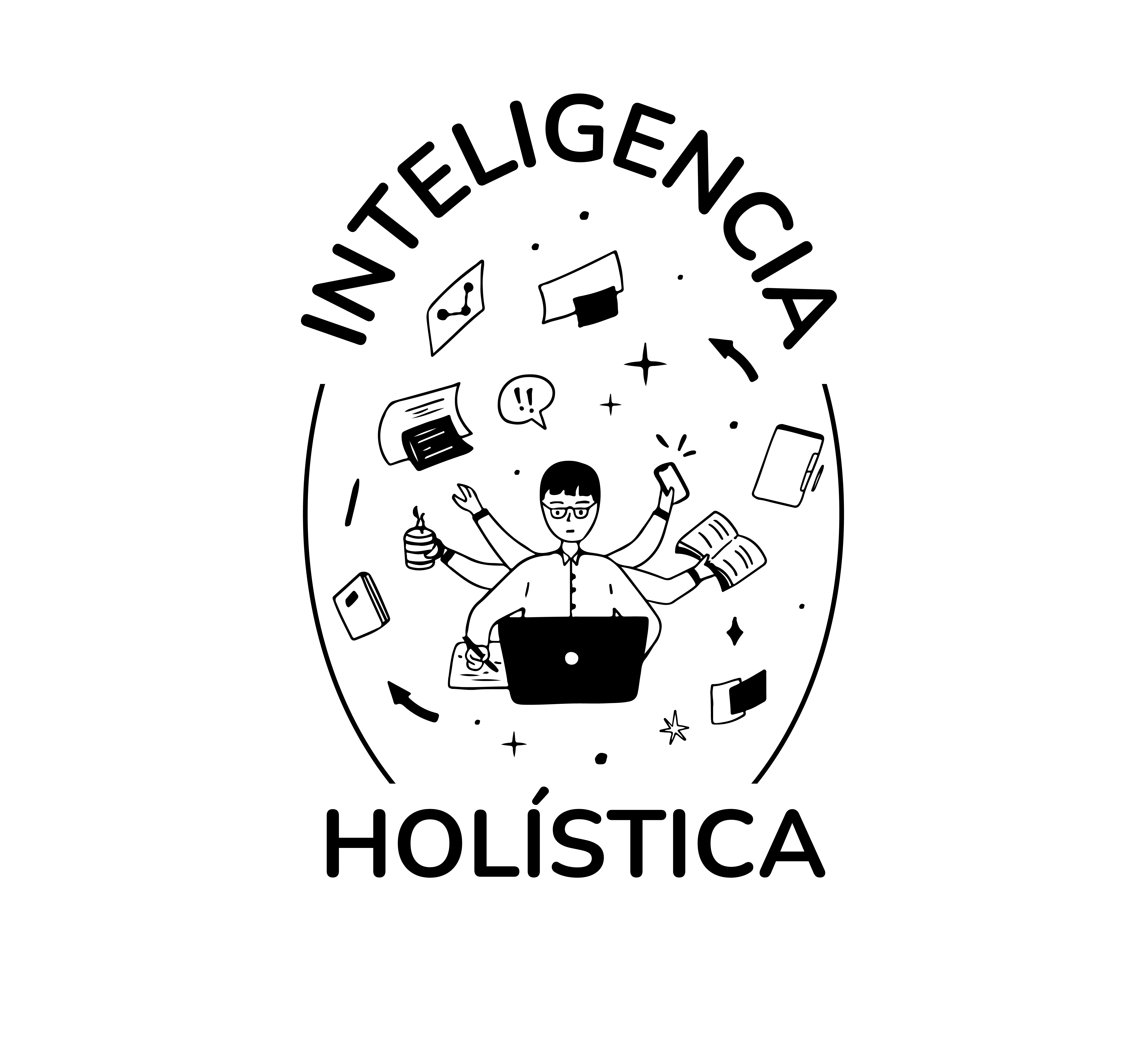 titulo inteligencia holistica con ilustracion de persona frente a unna computadora y asu alrededor hay papeles y libros flotando