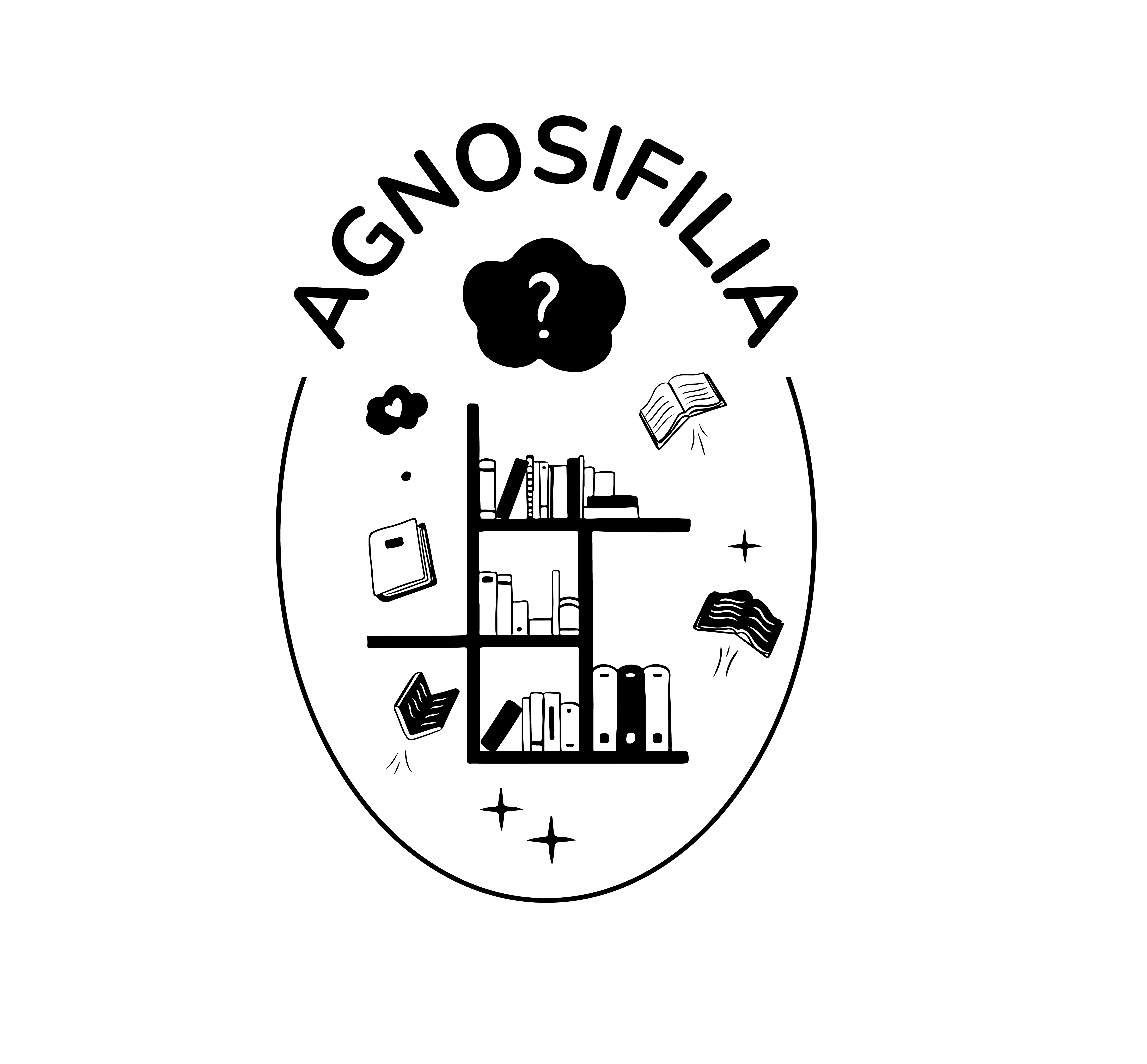 titulo agnosifilia ilustración de biblioteca con libros volando y una nube central con signo de pregunta en el centro