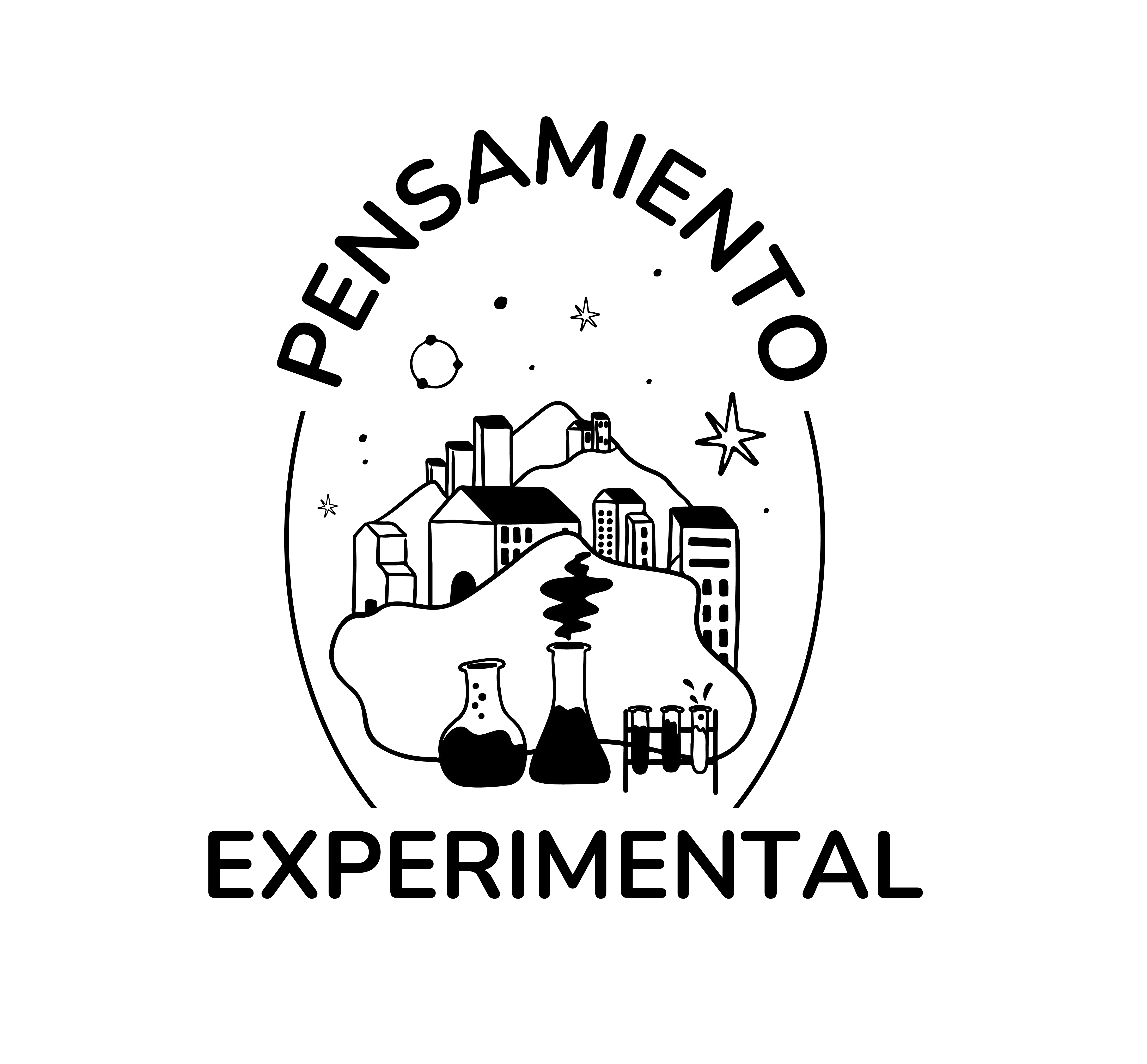 titulo pensamiento experimental con imagen de montañas y casas. Delante elementos como tubos de ensayo para hacer experimentos científicos.